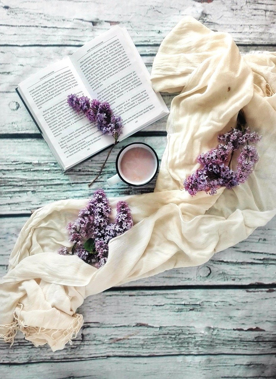 book, lilac, flower wallpaper, flowers, nature, cocoa, beautiful flowers, drink, flower background, reading, hobby, layout